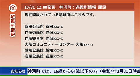 避難所情報、お知らせ