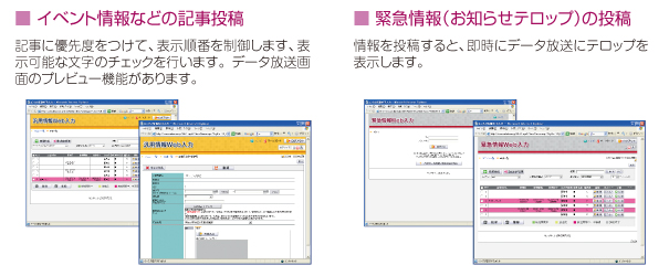 文字放送に表示する記事は、ホームページより投稿します。パソコンに特別なソフトをインストールしなくても、文字や写真などの記事を投稿できます。IDとパスワードでログインし、簡単な操作で情報を更新します。（IPアドレスによるセキュリティ強化可能）<br> なお、データ放送用CMSを使用していますので、将来データ放送システムへの移行、あるいは併用の際に、CMSはそのまま使用いただけます。