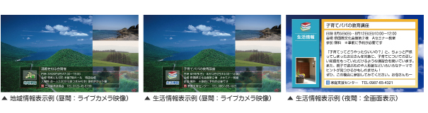 ライブカメラやベーカーチャンネルの有効活用として、本線上に半透明の背景マットを合成して、さらにテロップをオーバーレイ表示するシステムが提供できます。